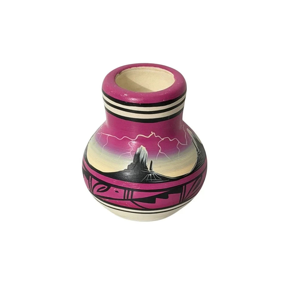 Yanito Pottery Vase Navajo Magenta Kokopelli Hand Painted Southwestern Decor
